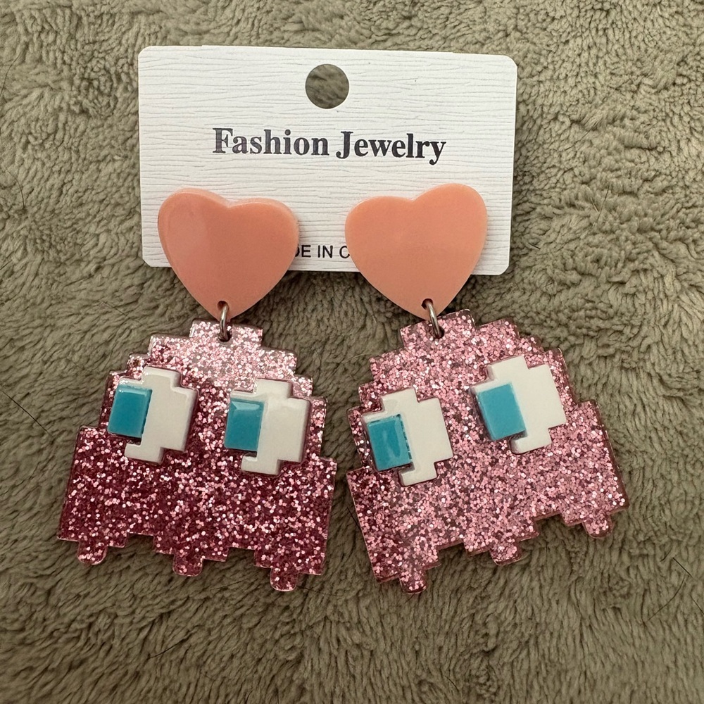 NEW Pac man inspired earrings, video game earrings, ghost earrings,Pink